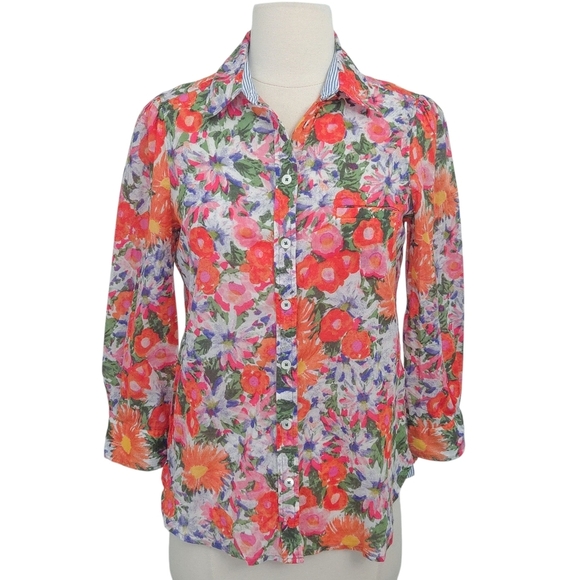 NWOT Anthropologie HD in Paris Orange Pink Floral Cotton Button Down Top - Picture 1 of 7